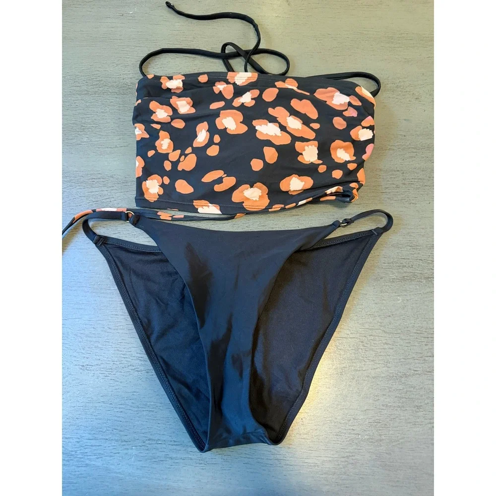 Shade & Shore Womens Black Abstract Animal Print Bandeau Bikini Set Large L